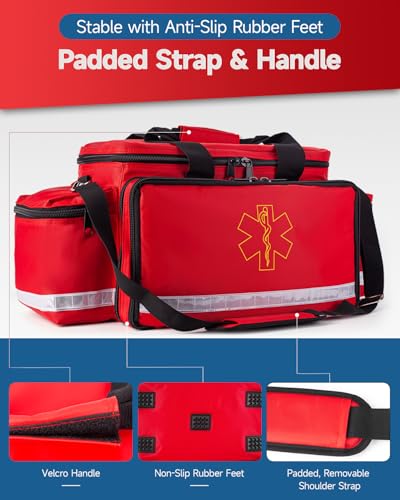 26" Large First Aid Bag Empty, Medical Supplies Bag for EMS & Nurses | Medical Duffle Bag & Trauma Bag Empty, Water Resistant, 21 Slots, 4 Dividers, 3 Clear Pockets, 360 Reflective Padded Strap