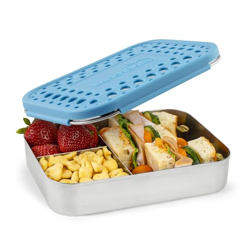 LunchBots Medium Trio Stainless Steel Kids Bento Box 3-Section Aqua 32oz - color: Aqua Dots, size: 3 Section