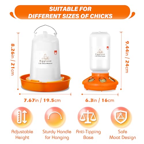 Eggluuz Chick Feeder and Waterer Kit Automatic Chicken Feeder and Waterer Set, 1L Chick Feeder and 1.5L Chick Waterer with 3 Heights Adjustable Legs