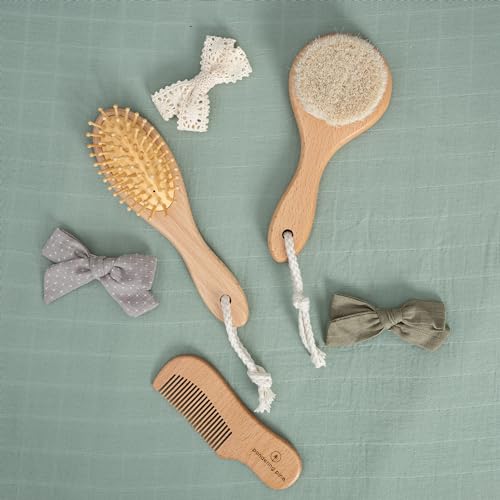 Natural Baby Hair Brush Set with Boho Bag - Goat Hair Cradle Cap Brush, Toddler Brush and Comb - Scalp Grooming Baby Hairbrush for Newborn and Infant, Wooden Brushes for Boys and Girls - color: Sage