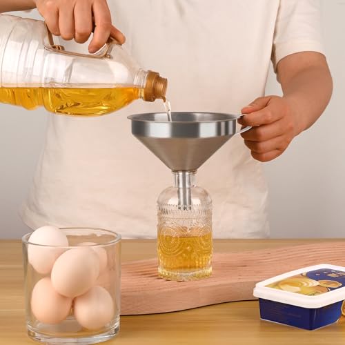 Kitchen Bottling Funnel, 5-inch 304 Stainless Steel Funnel | Funnel with Filter for Conveying Oil,Juice, Wine and Milk, Equipped with Silicone Scraper and 100 Mesh 200 Mesh Filter