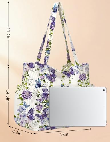 Corduroy Tote Bag for Women, Cute Floral Tote Bag with Zipper, Large Shoulder Handbag with Multi-Pockets for Work Travel Gym - color: Purple Butterfly