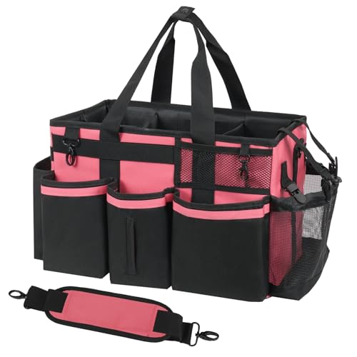 SCAVATA Wearable Cleaning Caddy, Cleaning Caddy Supplies Organizer with Handle & Shoulder Straps for Housekeepers, Under Sink & Car Cleaning Tool Organizers Bag with 4 Foldable Divider (OleanderRed) - color: OleanderRed