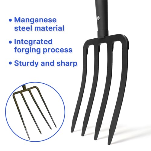 WIKER Pitchfork,Pitchforks for Gardening Digging Composting Spading,4Tines Garden Fork witn Fiberglass Handle,43 Inches