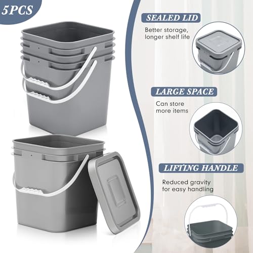 Mumufy 5 Pcs 3.5 Gallon Square Food Grade Bucket with Lid Square Bucket Pail Plastic Handles for Long Term Food Storage, Camping, Fishing, Home Organization Easy Stack and Store (Gray) - color: Gray