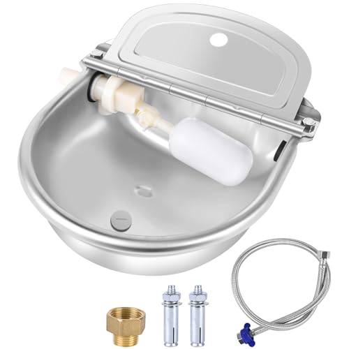 MYFAMIREA Automatic Animal Drinking Water Bowl Stainless Steel Waterer Feeder Farm Dog Dispenser Kit Self Filling for Livestock Horse Goat Water Trough with Float Valve Drain Hole Hose Adapter Bolts - size: 1 PCS