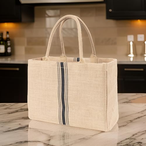 KAF Home Jute Market Tote Bag with Handles, Triple Stripe - color: Triple Stripe