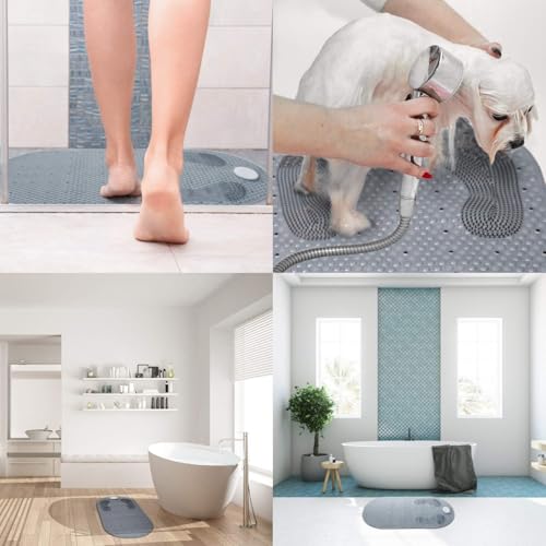 Bath Mat, TPE Non Slip Shower Mat with Suction Cups, 15.7 x 31.4 inch, Foot Scrubber Bath Mats with Removable Pumice Stone for Foot Massage - color: Grey