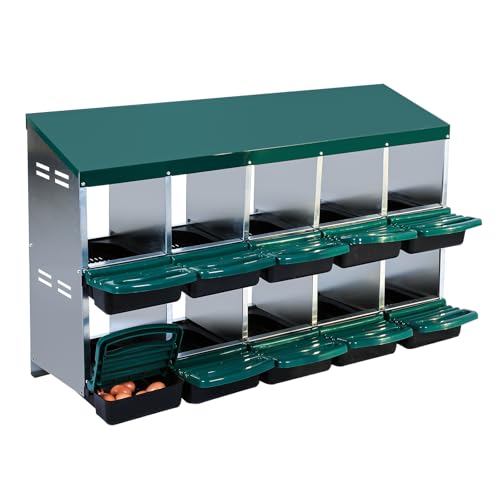 10 Compartment Metal Chicken Nesting Boxes Roll Away Egg Collection with Lid Cover