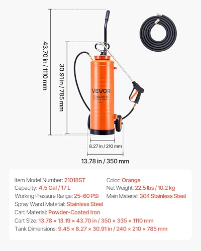 VEVOR Industrial Sprayer, 4.5 Gallons Large Capacity, Stainless Steel Concrete Sprayer with Ergonomic Handle & Removable Cart, 48" & 120" Hose, Concrete Sealer Sprayers for Form Oils Construction - size: 4.5 Gal with Cart