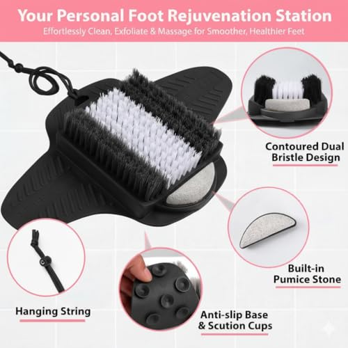Efforest Shower Foot Scrubber Mat with Pumice Stone - Cleans, Smooths & Removes Dead Skin on Foot Without Bending, Foot Callus Remover with Non-Slip Suction Cups (Black) - color: Black