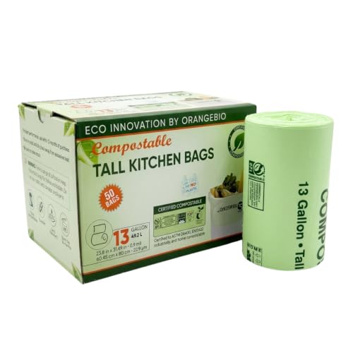 OrangeBio 13 Gallon Compostable Trash Bags, 50 Count, BPI Home Certified | 0.9 Mil Tall Kitchen Garbage Bags for Food Waste & Home Composting, Plant-Based, 24" x 31.5" - size: 50 Count (Pack of 1)