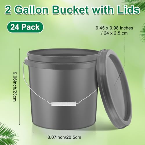 Tioncy 24 Pcs 2 Gallon Plastic Buckets with Lids and Handles,Grey | Storage Pails for Paint, Cleaning, Organizing, Durable Containers, Metal Handles, Plastic Material - color: Gray