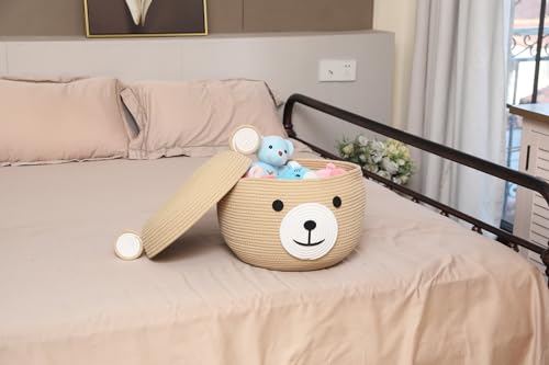 15x12 Inch Bear Hamper with Lid, Handcrafted Cotton Rope Animal Storage Basket, Woven Teddy Bear Bin for Kids Bedroom Playroom, Beige