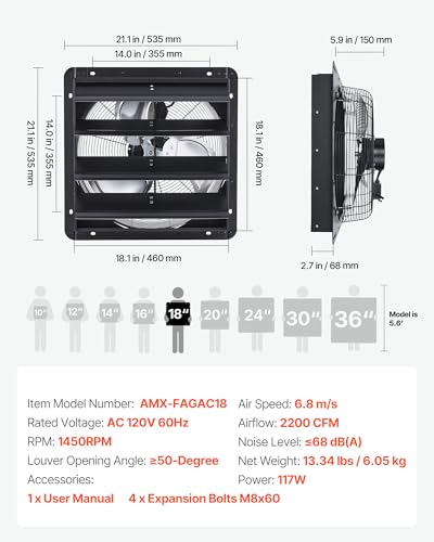 VEVOR 18 in Shutter Exhaust Fan Wall-Mount Automatic Louvers Variable Speed, Sturdy Steel Housing, Low Noise, AC Motor, 3051 CFM Ventilation and Cooling for Attic, Garage, Barn, Greenhouse, Workshop - size: 18 Inch Fan w/ Speed Controller