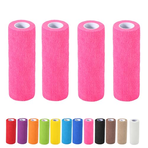 4 Pack Self Adhesive Bandage Wrap, 6 ln x 5 Yards Vet Wrap Tape, Pink | Non-Woven Self Adherent Cohesive Bandage for Thumb, Finger, Wrist, Knee, Ankle - color: Pink