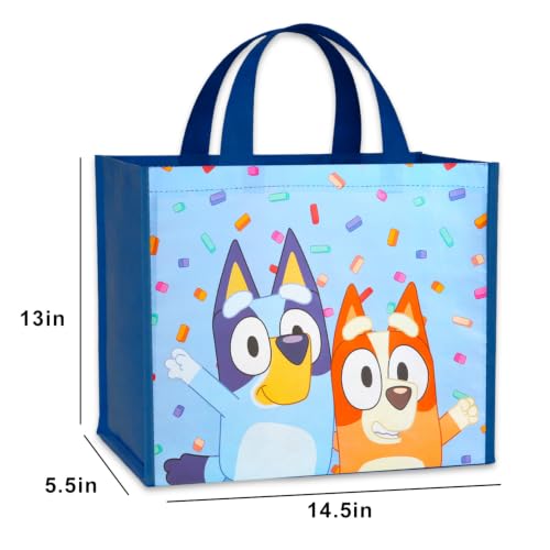 Bluey Tote Bag, Large Reusable Grocery Bag Bundle for Kids Adults | 14.5" Tote Bag for Shopping Groceries Gift Bags for Boys Girls Features Bluey and Bingo, Stickers, More
