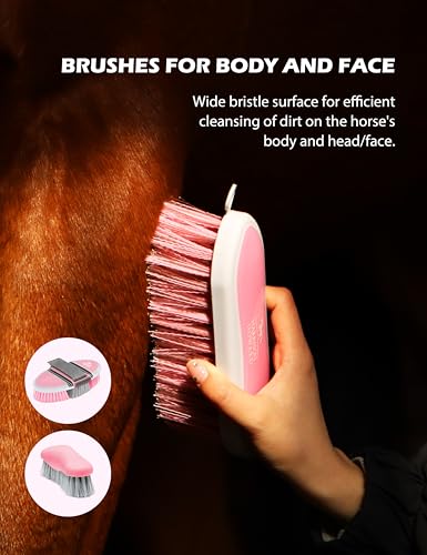 Harrison Howard Complete Horse Grooming Set, 11-Piece Advanced Daily Grooming Tools with Extra Brushes for Full Horse Care Pink Brushstroke Ponies - color: Pink