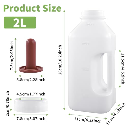 Livestock Bottle Feeding Kit, 2L Calf Milk Feeder with 3 Silicone Nipples, White, BPA-Free Plastic Bottle with Slow Flow Design for Farm Animals