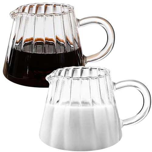 Loscarol 2 Pcs Small Glass Pitcher - Elegant Wave Shaped Creamer Pitcher | for Coffee, Milk, Tea, 6 oz Milk Frothing Cup Creamer Jug for Kitchen