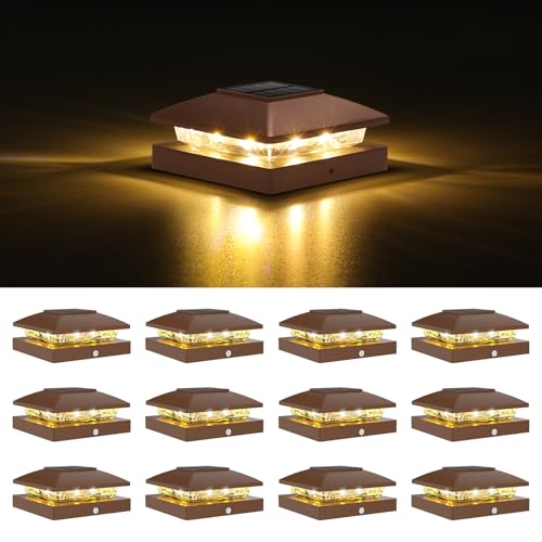 VOLISUN 4x4 Solar Post Cap Lights, 12 Pack Brown Waterproof Fence Lights | Waterproof solar lights fit wooden & vinyl 4x4 posts, warm white illumination for garden, patio and porch outdoor decor - color: Brown, size: 12 Pack