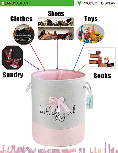 Round Thick Pink Lace Laundry Basket Collapsible Organizer Boys Girls | Canvas Foldable Storage Hamper Sturdy Rope Handles for Household Gift Baskets Bedroom Clothes Toys Children Nursery - color: Pink Lace