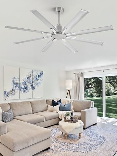 ZMISHIBO 65 Inch Ceiling Fan without Light, 8 Aluminum Reversible Blades | Industrial-Grade, DC Motor, Damp Rated, 6 Speeds, Remote Control, 3 Downrods, Flat/Sloped Ceiling, Living Room, Patio, Gym - color: Nickel, size: 65inch