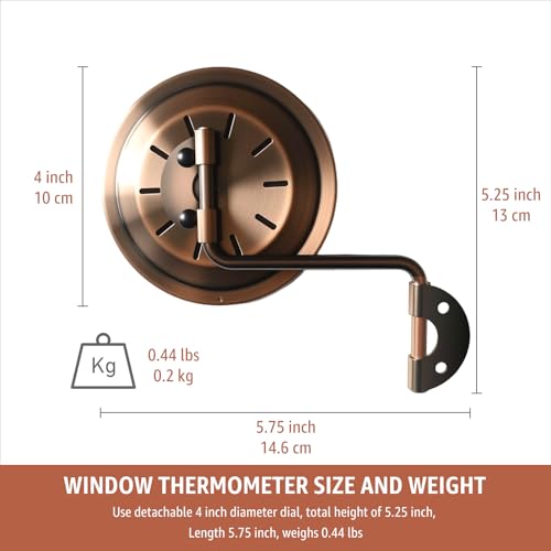 4" Outdoor Thermometer & Humidity Gauge, Brass Analog Dial | Window Thermometer for Outside Temperature & Humidity Monitor, Battery-Free for Patio Garage Greenhouse Garden Wall