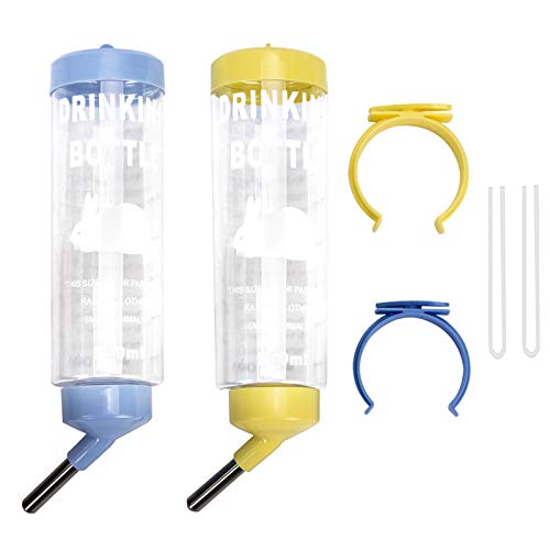 Depets 2PCS 8.45 oz No Drip Small Animal Water Bottle, Cage Water Bottles | Plastic, for Small Pet/Guinea Pig/Hamster/Bunny/Ferret/Rabbit, Hanging Wire & Buckle Included, Easy to Install, Yellow & Blue