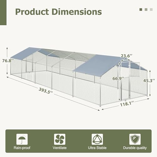 Large Metal Chicken Coop,19.7x9.8x6.4 FT Chicken Run for Yard with Waterproof & Anti-UV Cover,Walk in Chicken Pen with Feeding Door (32.8 * 9.8 * 6.4 ft) - size: 393.5"L x 118.1"W x 76.8"H