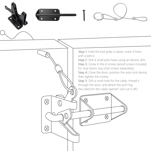 Heavy Duty Gate Latch for Wooden Fence with Cable Pull | Automatic Self Locking Gravity, Door Latch for Wood/Metal Gate, 7-1/2" Gate Hardware for Pool & Dog Door, Shed Garden, Black