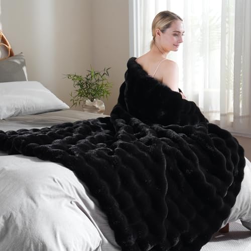 BENVWE Faux Fur Throw Blanket for Couch Bed - Fluffy Soft Thick Bubble Blanket for Living Room Home Decor - Fathers Day Birthday Gifts for Women Men, Black, 60" x 80" - color: Black, size: Twin(60" x 80")