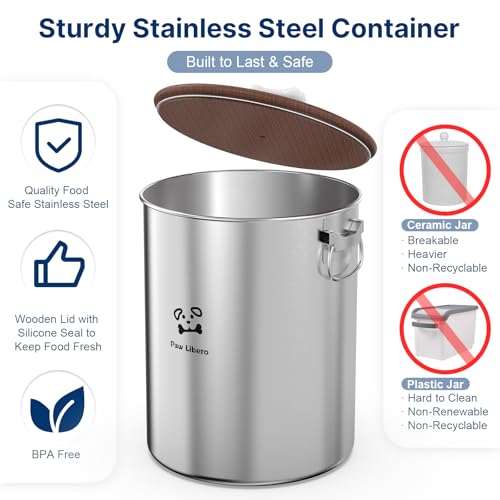 Paw Libero 25 Lbs Stainless Steel Dog Food Storage Container with Airtight Wooden Lid & Ceramic Bone Handle, Large Metal Dog Food Bin for Dogs & Cats, Keep Fresh, Easy to Clean - size: 25 lbs - 1pk