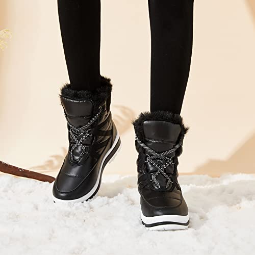 BABUDOG Womens Warm Fur Lined Mid-Calf Boots Waterproof Winter Snow Boots Non-slip Lace up Combat Boots - color: Black, size: 9