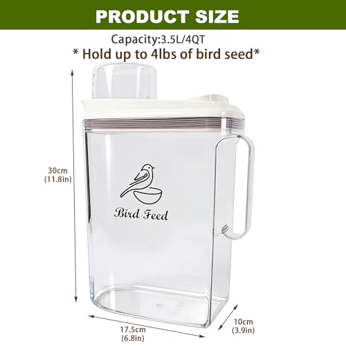 Bird Seed Storage Container, 4 Qt/3.5 L Bird Food Container with Spout, Pet Food Container Airtight,Wild Bird Seed Dispenser for Sunflower Seed-Clear Plastic