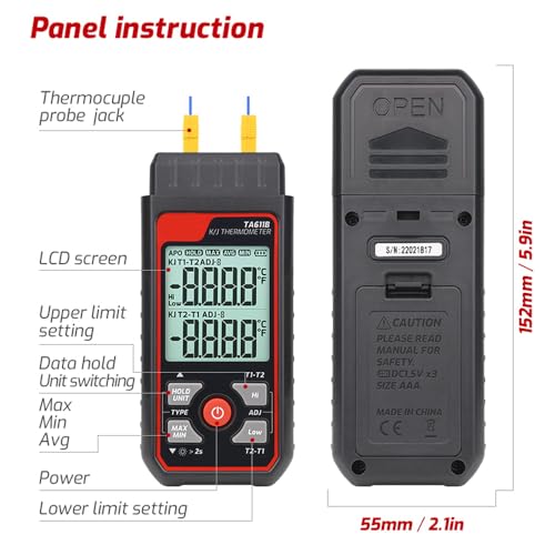 Thermocouple Thermometer, Digital Dual-Channel Thermometer(-328°F ~ 2501°F) with 1 HVAC Temperature Clamp and 2 Wired Thermocouple Probes, HVAC Temperature Meter with ADJ Compensation for K/J Type