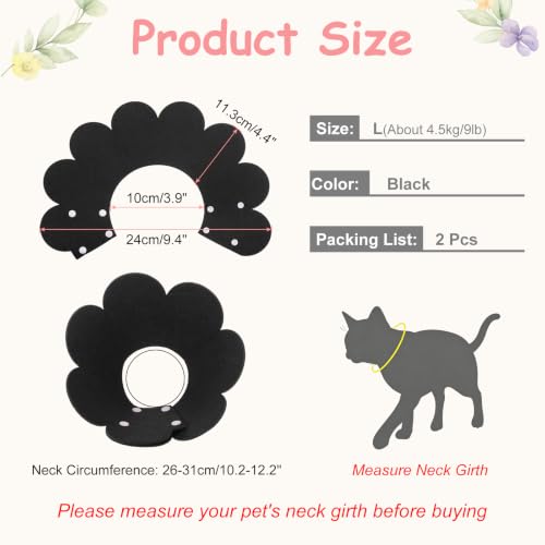 Felt Cat Recovery Collar, Cute Flower Cat Recovery Collar Adjustable Recovery Cones (2Pcs, L 10.2-12.2inch, Black) for Small Dogs Kittens Cats - color: Black, size: L（4.5 KG/9 lb and above）