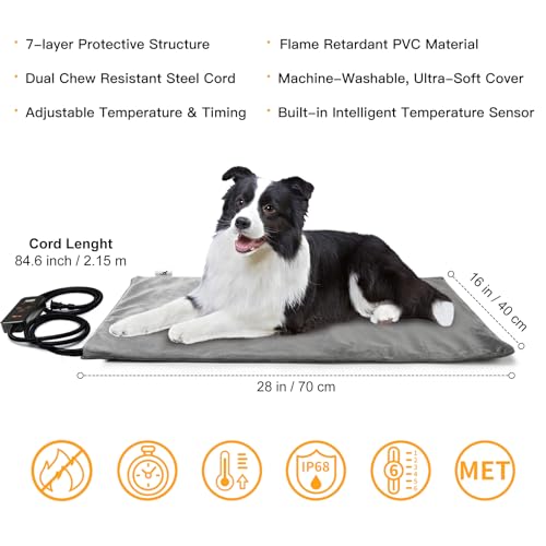 Toozey Pet Heating Pad, Dog & Cat Heated Mat, 28 x 20 in, Waterproof, Timer | 28 x 20 In, 6 Heat Settings, 4-24H Timer, Waterproof Surface, Chew-Resistant Cord, Washable Cover, Indoor Use - color: Grey, size: 28.0"L x 20.0"W x 0.6"Th