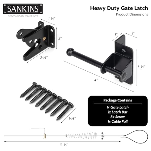 4" Self-Locking Gate Latch for Wooden Fence with Cable Pull, 1pcs | Automatic heavy duty fence latch, gravity gate latch for metal gates, secure pool garden shed, black, with spring cable pull - size: Upgrade