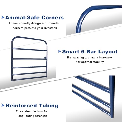 4 ft W x 50 in H Farm Gate, 6-Bar Steel Livestock Gate for Horse & Cattle | Heavy-duty horse gate and cattle gate with 6-bar steel tubing, chain latch and animal-safe spacing for farms and corrals.