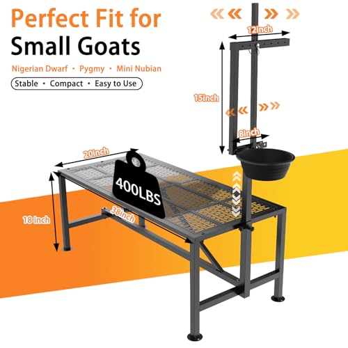 Upgrade Goat Milk Stand with Feed Bin, 400lbs Goat Stand for Grooming & Hoof Trimming, 1mm Thick Platform & Anti-Slip Design, for Pygmy and Dwarf Goats, Firm Head Lock and Adjustable Head - size: M - 38"L x 18"H