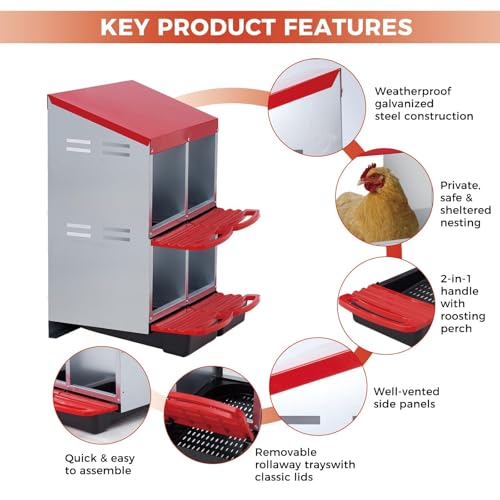 4-Compartment Chicken Nesting Box, Heavy Duty Galvanized Steel Poultry Nest Box, Wall Mount/Freestanding Design for Hens, Ducks, Backyard Homesteads & Farm Use, Red, with Legs, No Stand - color: Red, size: 4 Room&Legs