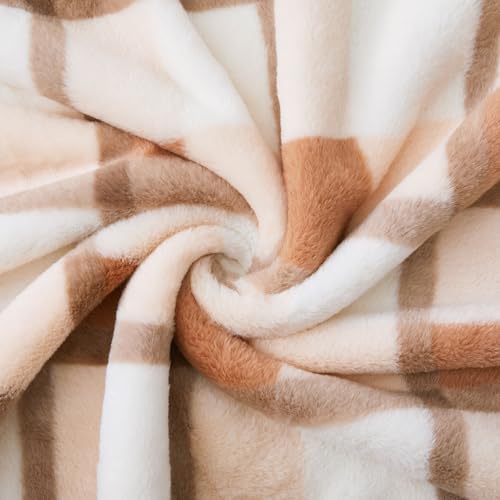 PU MEI Super Soft Faux Rabbit Fur Sherpa Fleece Throw Blanket, Reversible Luxury Cozy Cute Furry Blanket, Plush Warm Shaggy Fluffy Checkered Blankets for Sofa Couch Bed (Beige-Plaid, 60" x 80") - color: Beige-plaid, size: 60"*80"