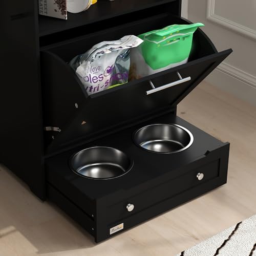 PawHut Dog Feeding Station with Raised Bowls, Pet Feeder Station, Black | Dog Food Storage Cabinet, Hanger for Feeding & Watering Supplies - color: Black