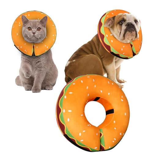Inflatable Dog Cone Collar for Large Medium Small Dogs, Soft Adjustable Recovery Cone Collar for Dogs Cats,Dog Neck Donut Cone Alternative After Surgery(Hamburger,Small - color: Hamburger, size: S（neck 4"-7"）