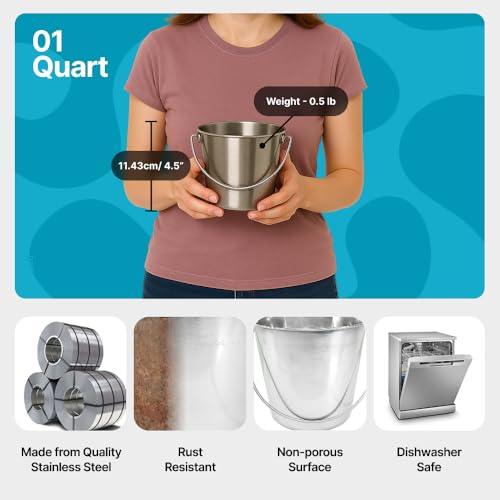 1 Quart Stainless Steel Bucket - Durable Metal Bucket 0.25 Gallon | Rust-resistant Bucket For Food Prep Cleaning Feeding & Watering Pets & Livestock - For Crates Kennel Cages & Fences - size: 1 Quart