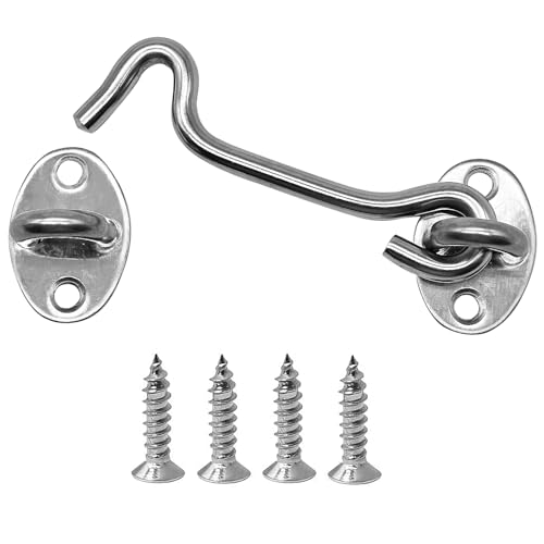 4 Pack 4" Hook and Eye Gate Latch, Stainless Steel Rust-Resistant Barn Door Lock Cabin Hooks for Gate Shutters Window Slide Barn Shed Cabinet Bathroom, with 16pcs Screw,Silver - color: Silver, size: 4 inch(4pcs)
