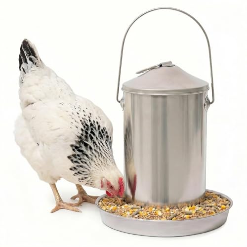 Plexon 6.6 Lb Hanging Chicken Feeder Metal Chicken Feeder with Handle no Waste Food - Stainless Steel - Turkey Duck Poultry Feeder - Heavy Duty Feeding Equipment - Backyard Coop - Small - size: 6.6 LB