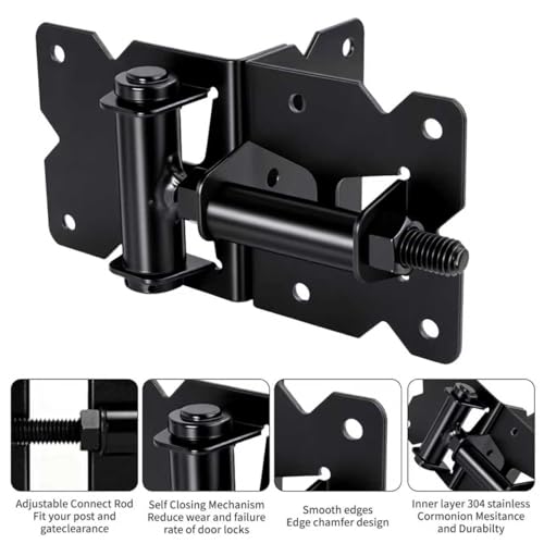 Self Closing Gate Hinge and Latch Kit for Wooden/Vinyl Fence Gate | Heavy Duty Rust Proof Gate Hardware Kit ,2 Adjustable Self Closing Hinges & 1 Post Mount Self Locking Gate Latch (Black)