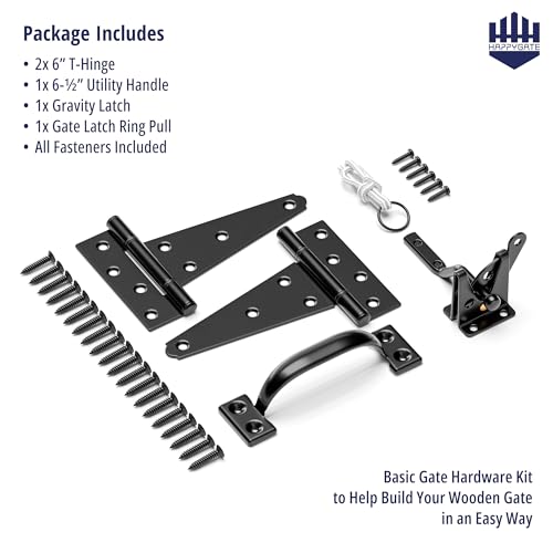 HAPPTGATE Heavy Duty Fence Gate Hardware Kit, 6in Gate Hinges and Latch Set | Heavy duty gate kit for wooden fence with self locking gate latch, 6in t-strap gate hinges, door pull handle for vinyl fence